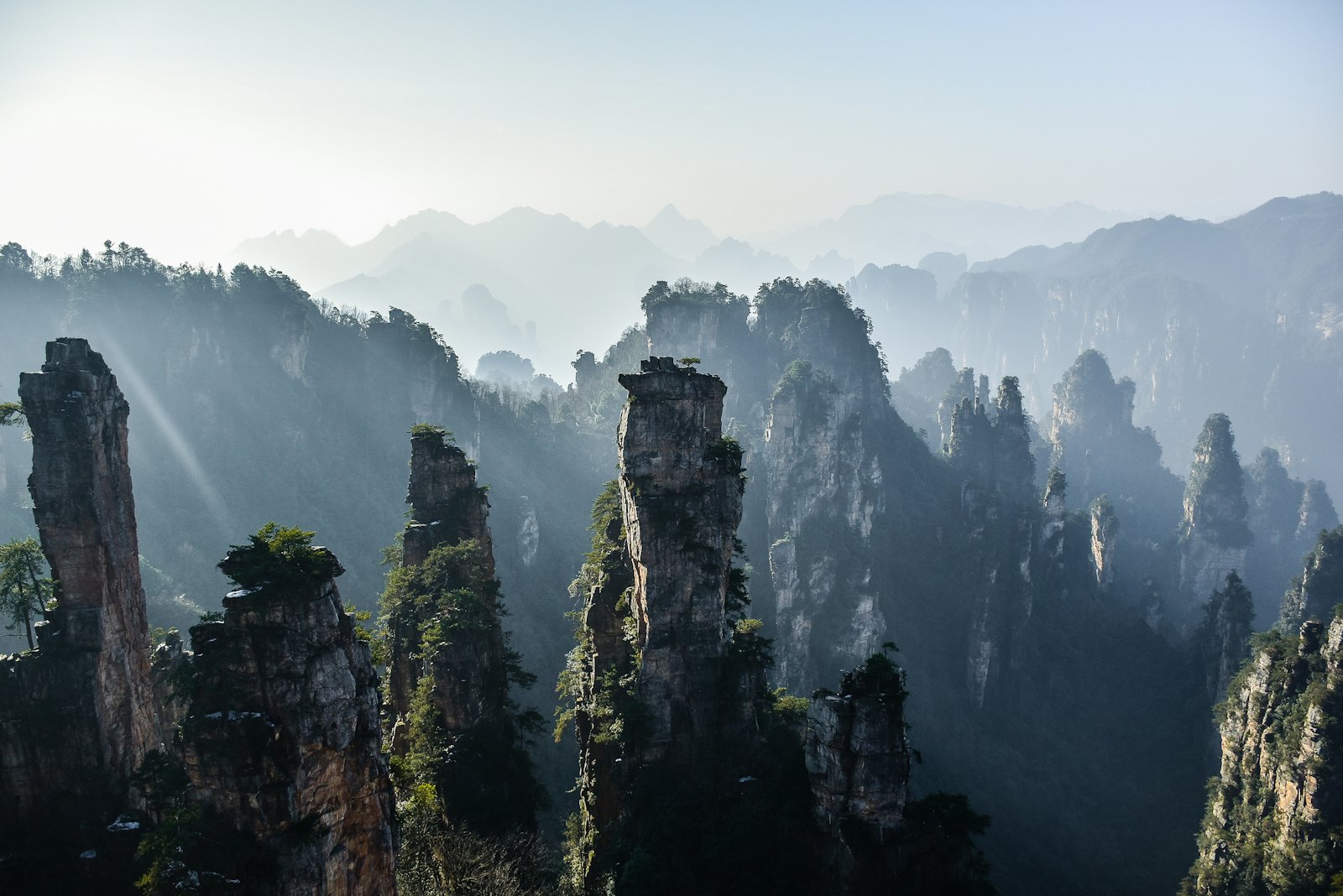 Tall sandstone pillars rising out of a misty valley in Zhangjiajie, with sunlight breaking through the haze