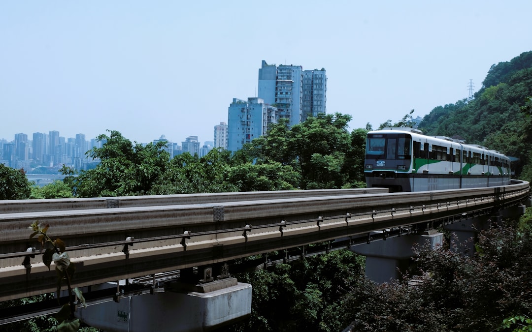 The Line 2 straddle-beam monorail crossing the Jialing on elevated track, towers behind — the '8D city' in one frame