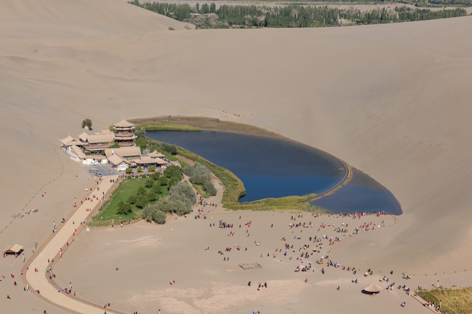 Crescent Lake's blue-green spring curving below towering golden dunes, a temple pavilion at its edge, camel train on the ridge