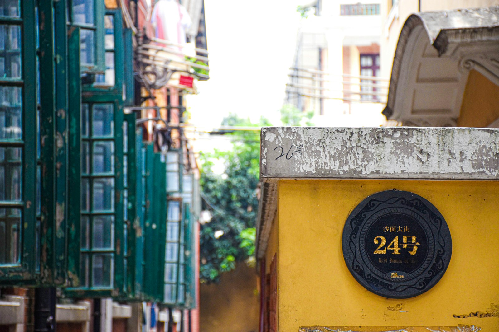 A yellow wall with a black house-number plaque reading 沙面大街 24号 (No. 24 Shamian Street) beside weathered green-shuttered windows of old European-style buildings on Shamian Island