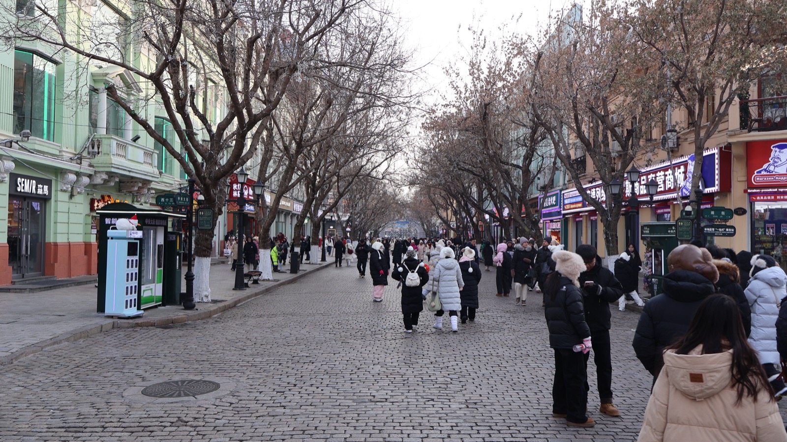 Central Street (Zhongyang Dajie) by day — a cobblestone pedestrian boulevard lined with ornate century-old European facades, bare winter trees and crowds bundled against the deep cold