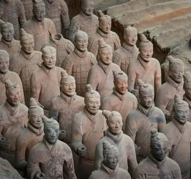 Rows of life-size Terracotta Army warriors in Pit 1, Xi'an