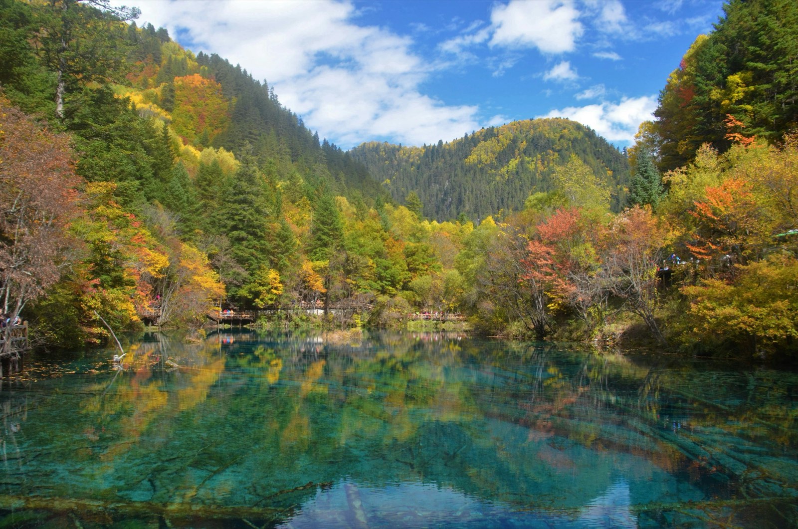 Autumn forest colours reflected in a Jiuzhaigou lake