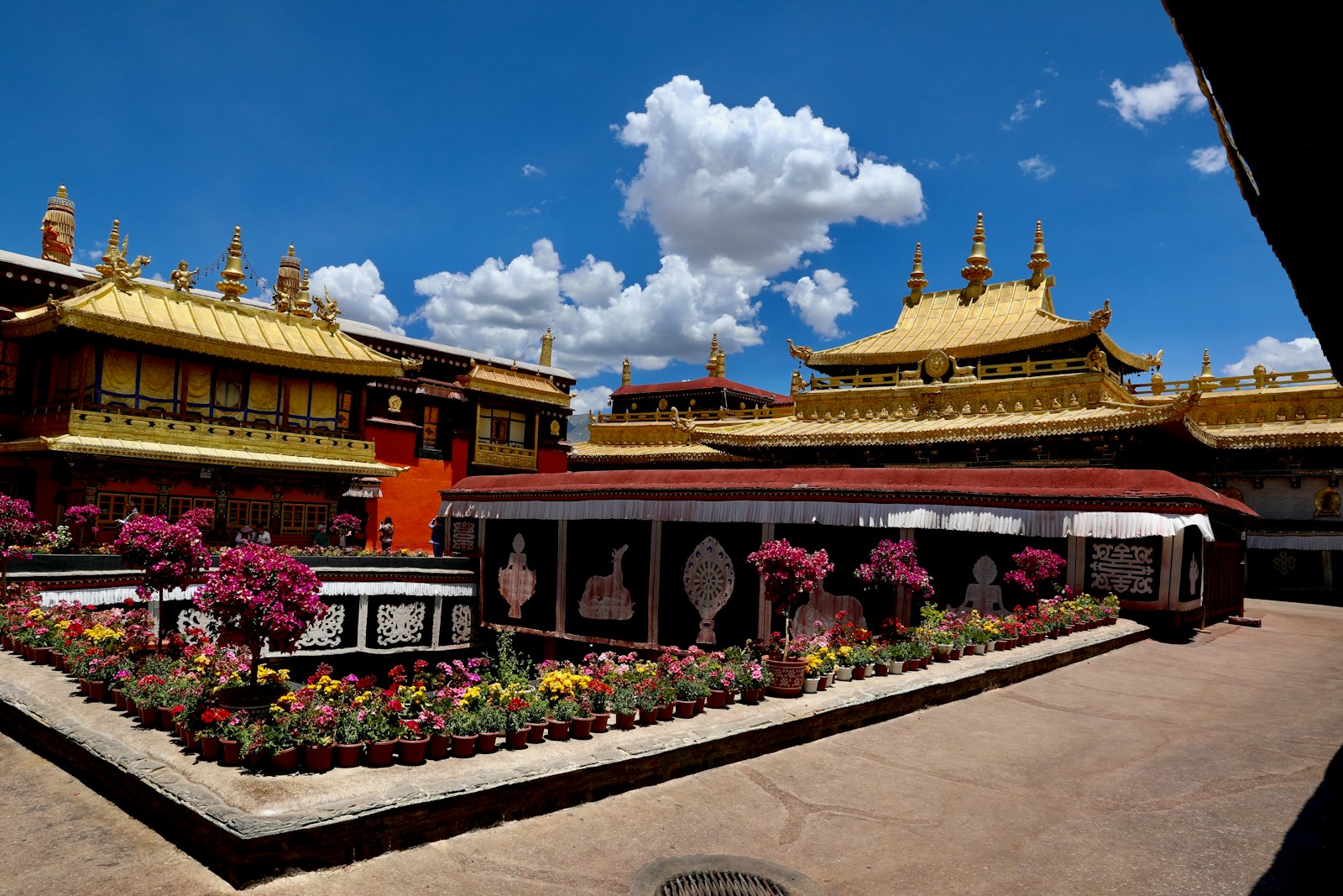 The gilded roofs of the Jokhang Temple above a terrace lined with pots of pink and yellow flowers, under a deep blue sky with white clouds