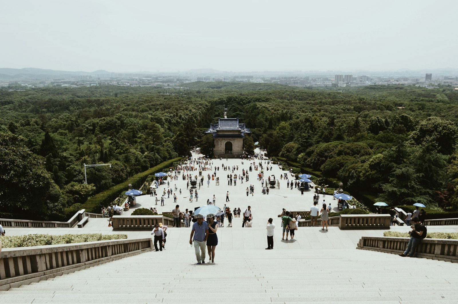Sun Yat-sen Mausoleum staircase — 392 stone steps rising through forested Purple Mountain, morning light