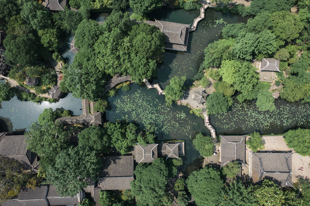 Suzhou classical garden with whitewashed walls reflecting in a still pond, framed by a moon gate