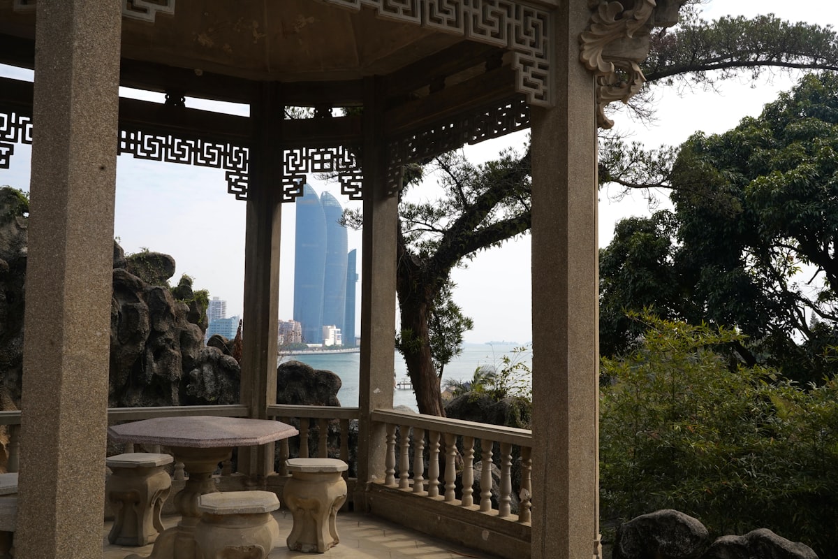 Gulangyu's colonial villas and red rooftops above the sea on a clear autumn morning